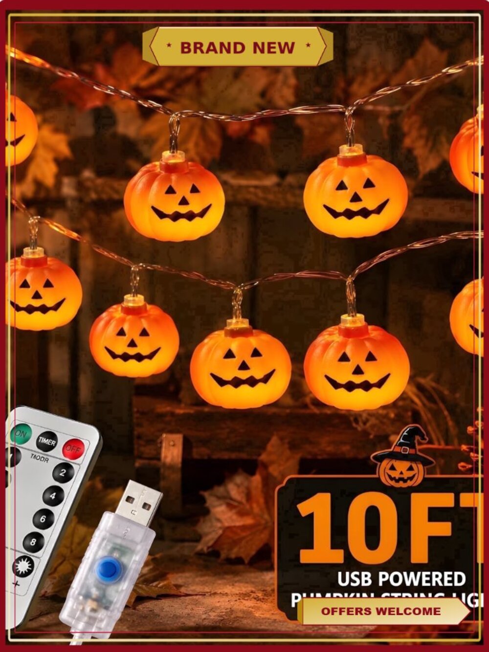 Halloween Pumpkin String Lights 10FT 20LED 8 Modes USB Powered Indoor Outdoor